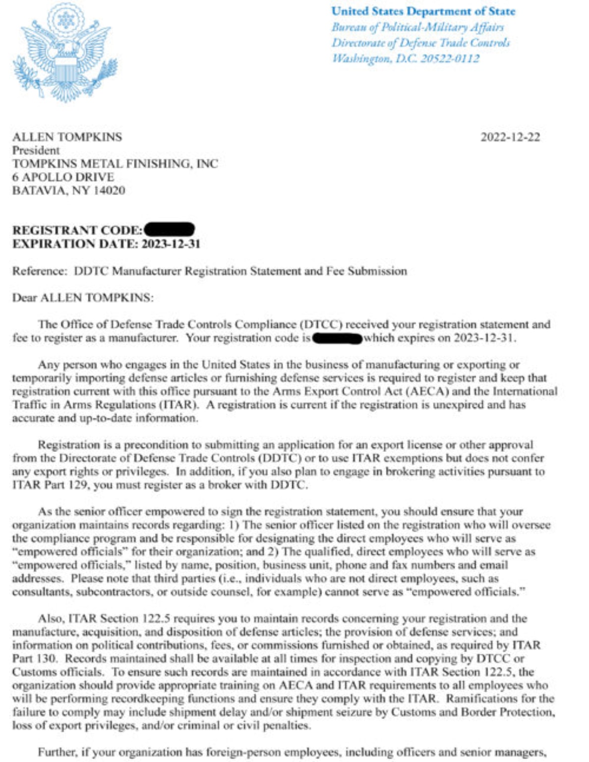ITAR Registration Complete Letter