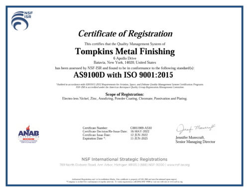 Tompkins Metal Finishing AS 9100D & ISO90012015